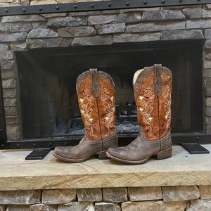 Brown and Tan Embroidered Cowboy Boots